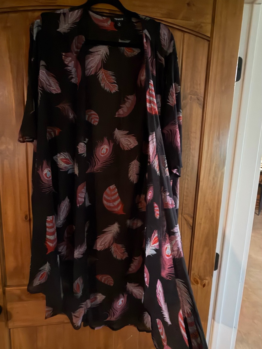 torrid Black Sheer Kimono Dress with Pink and Coral Feather Print